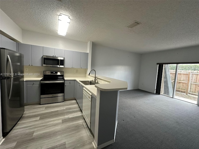 kitchen with kitchen peninsula, a textured ceiling, stainless steel appliances, sink, and gray cabinets