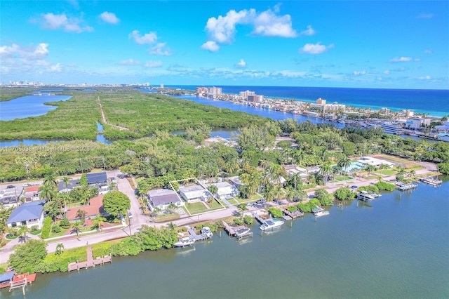 drone / aerial view with a water view