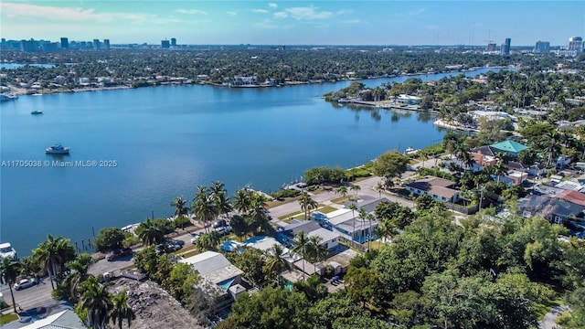 bird's eye view with a water view