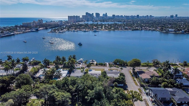 aerial view featuring a water view