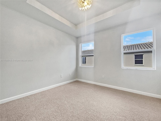 empty room featuring carpet and a raised ceiling