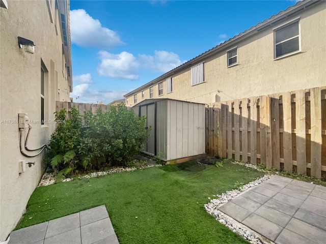 view of yard with a patio and a storage unit