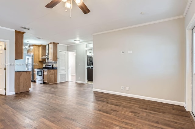 unfurnished living room with ornamental molding, ceiling fan with notable chandelier, and dark wood-type flooring