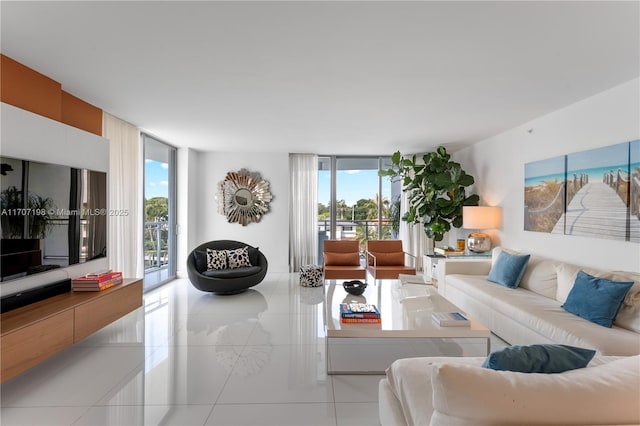 tiled living room featuring a wealth of natural light