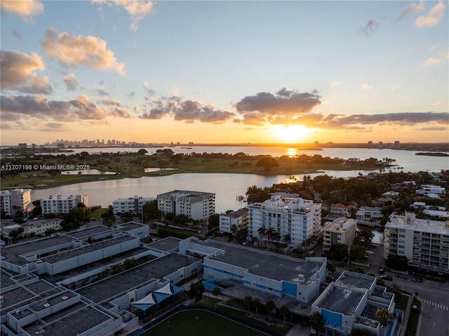 drone / aerial view featuring a water view and a city view