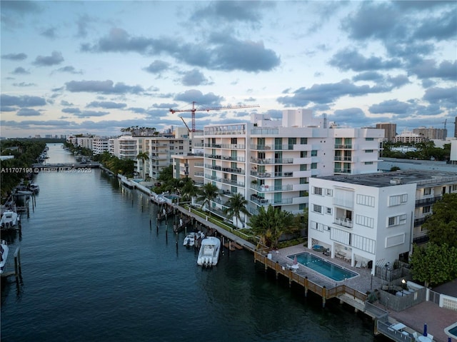 exterior space with a water view