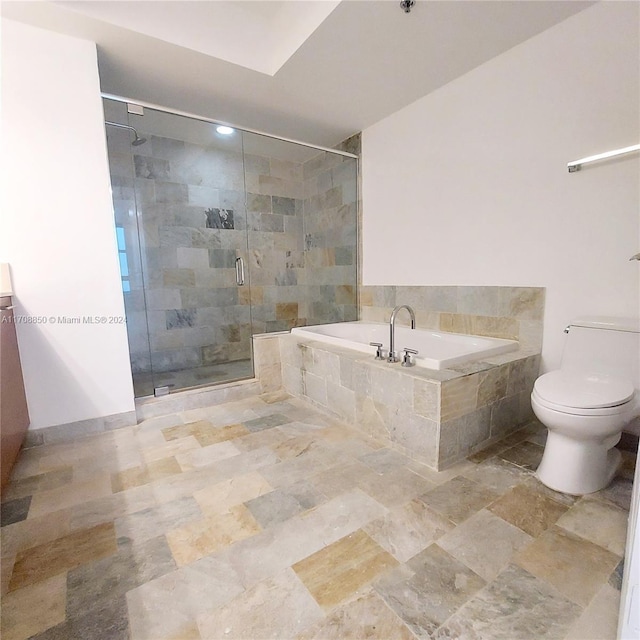 bathroom featuring toilet and plus walk in shower