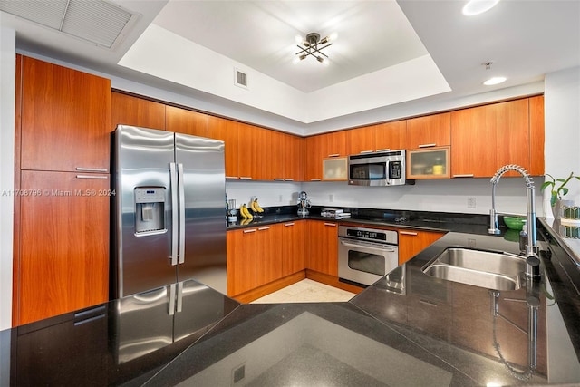 kitchen featuring stainless steel appliances, a tray ceiling, and sink