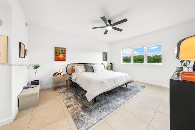 bedroom featuring ceiling fan and light tile patterned floors