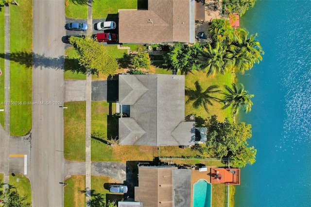 drone / aerial view featuring a water view