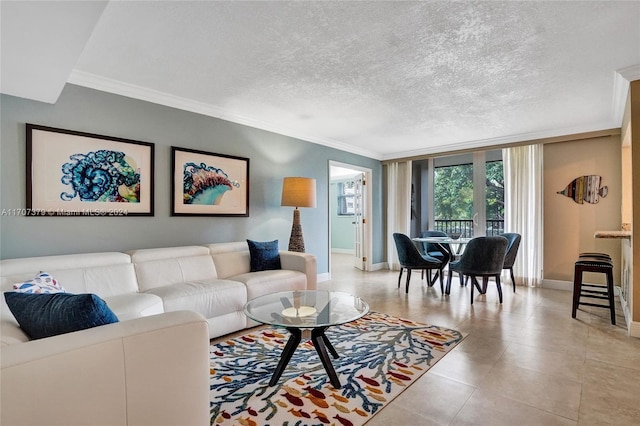 tiled living room featuring crown molding and a textured ceiling