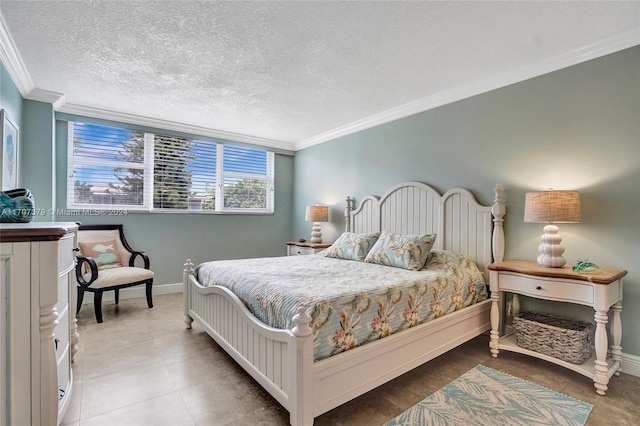 bedroom with crown molding and a textured ceiling