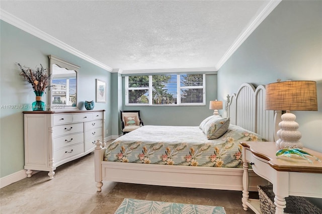 tiled bedroom featuring a textured ceiling and crown molding