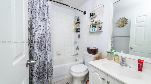 full bathroom featuring shower / bathtub combination with curtain, tile patterned flooring, vanity, and toilet