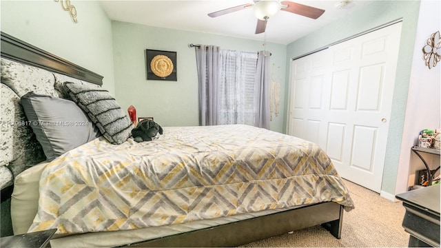 bedroom featuring carpet flooring, a closet, and ceiling fan