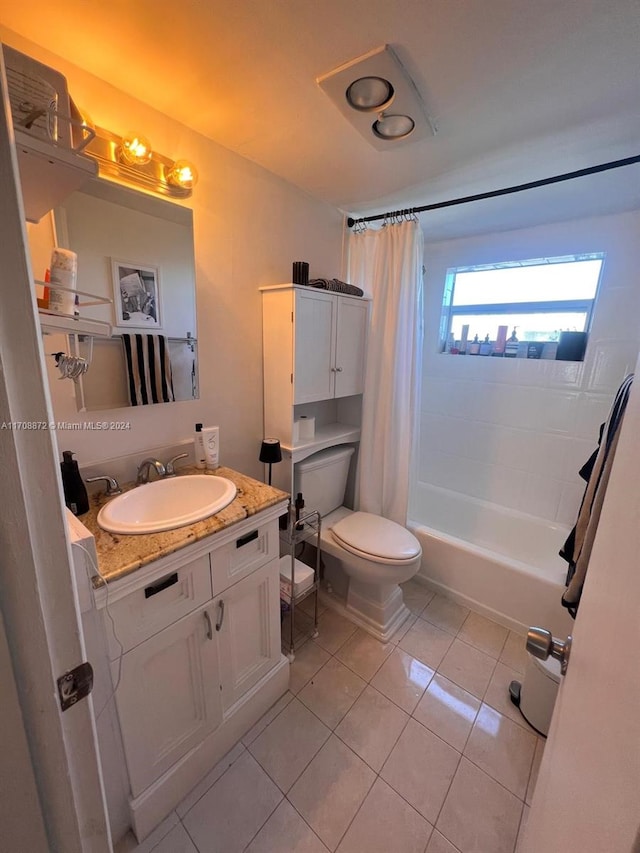 full bathroom with tile patterned flooring, vanity, toilet, and shower / bathtub combination with curtain