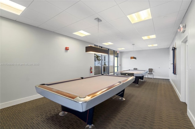 rec room with dark carpet and billiards