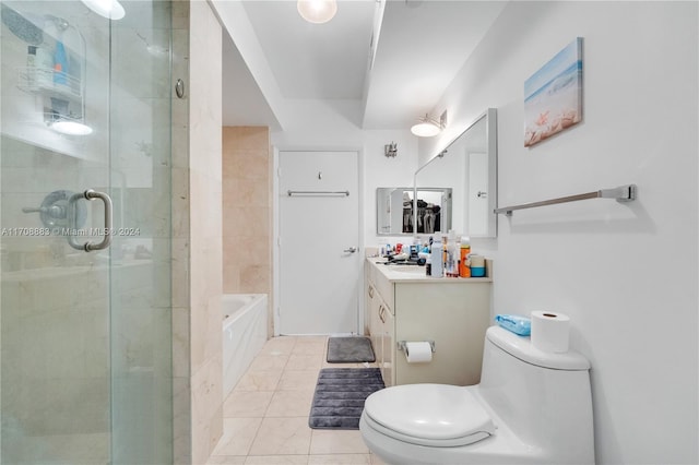 full bathroom featuring tile patterned flooring, vanity, toilet, and plus walk in shower