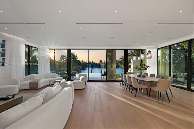 living room with light hardwood / wood-style flooring, a water view, and a wall of windows