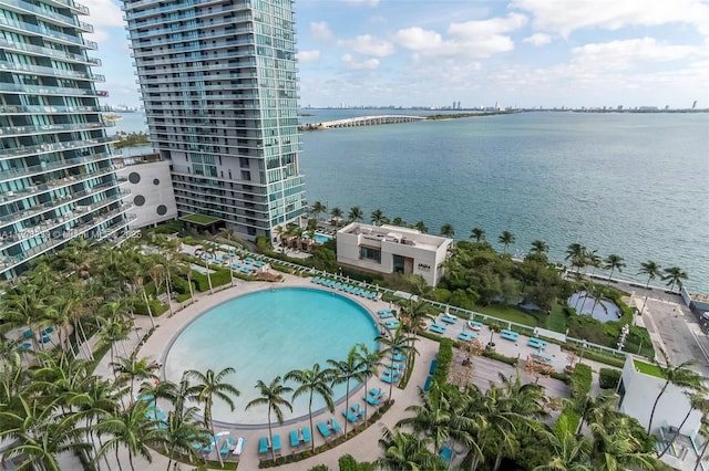 drone / aerial view with a water view