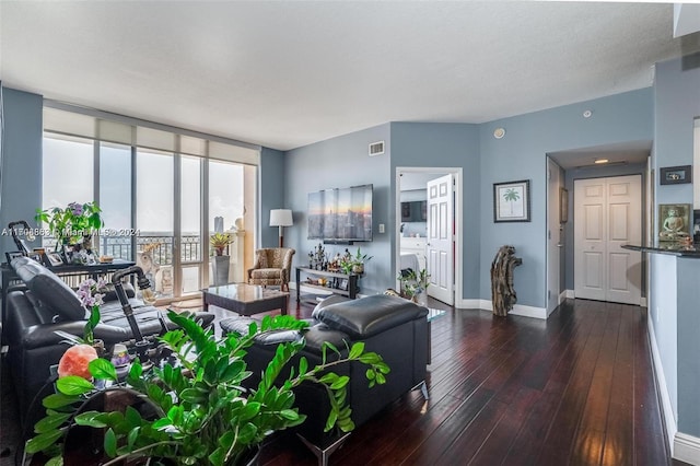 living room with dark hardwood / wood-style floors