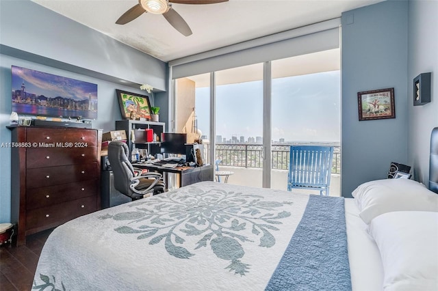 bedroom with access to outside, dark hardwood / wood-style floors, and ceiling fan