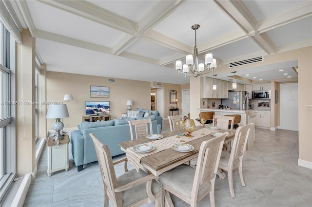 dining area with beamed ceiling, an inviting chandelier, and coffered ceiling