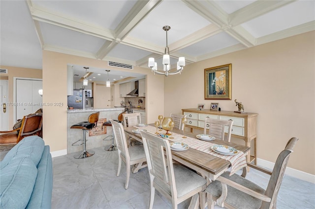 5055 Collins Ave Unit 14M, Miami Beach, FL 33140 - dining space with coffered ceiling, beam ceiling, a chandelier, and light marble finish flooring
