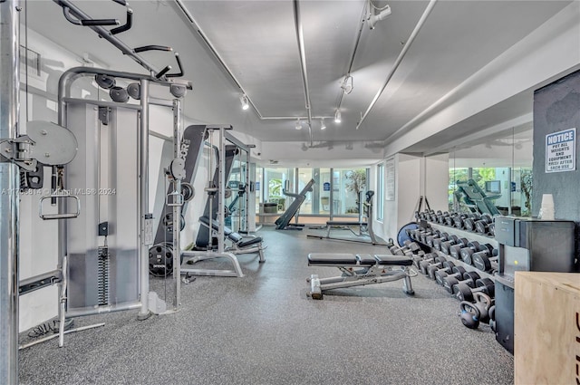 exercise room featuring rail lighting