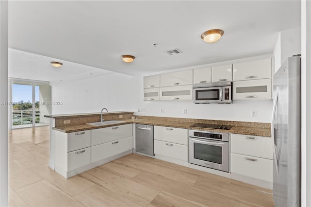 kitchen featuring dark stone counters, sink, kitchen peninsula, white cabinetry, and stainless steel appliances