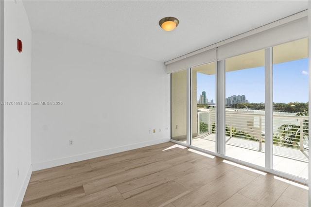 spare room with expansive windows and light hardwood / wood-style floors