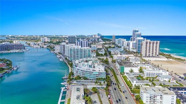 bird's eye view with a water view