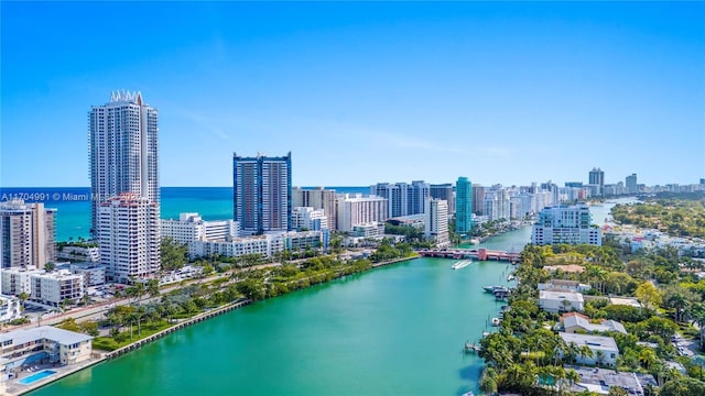 drone / aerial view with a water view