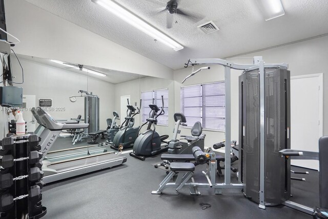 workout area with a textured ceiling, vaulted ceiling, and ceiling fan