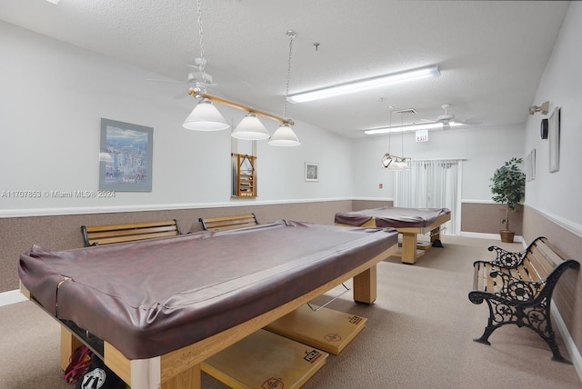 rec room with ceiling fan, light carpet, and pool table