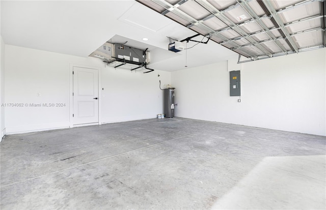 garage with electric panel, electric water heater, and a garage door opener