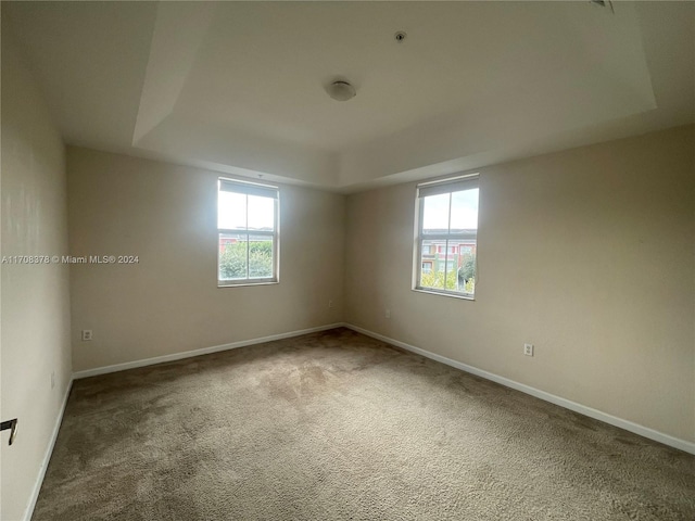 carpeted empty room with a tray ceiling