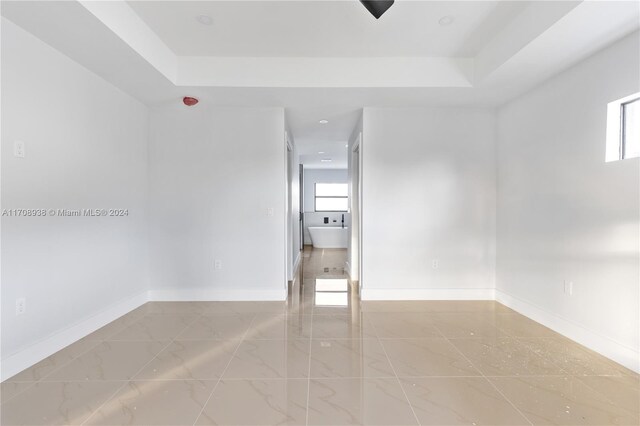 unfurnished room featuring a tray ceiling and a healthy amount of sunlight