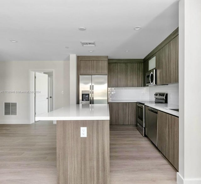 kitchen with decorative backsplash, light wood-type flooring, stainless steel appliances, and a kitchen island