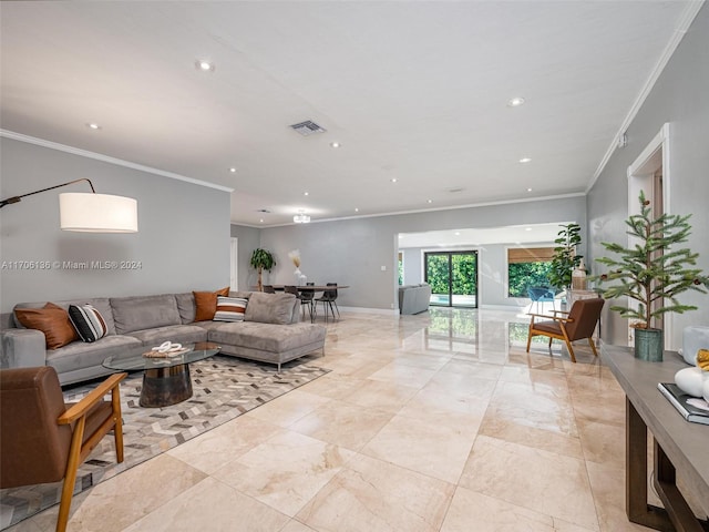 living room with ornamental molding