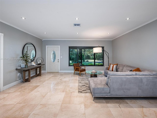 living room with crown molding