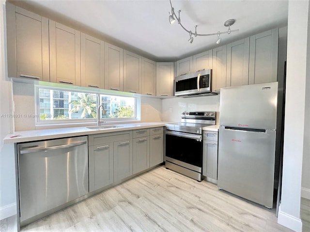 kitchen with gray cabinetry, sink, appliances with stainless steel finishes, and light hardwood / wood-style flooring