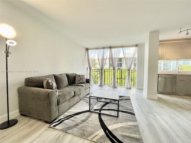 living room featuring sink and light hardwood / wood-style floors