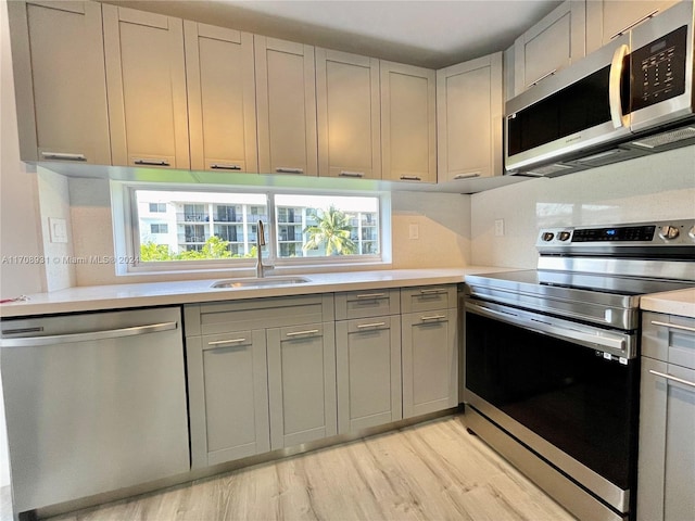 kitchen featuring light wood-type flooring, stainless steel appliances, gray cabinets, and sink