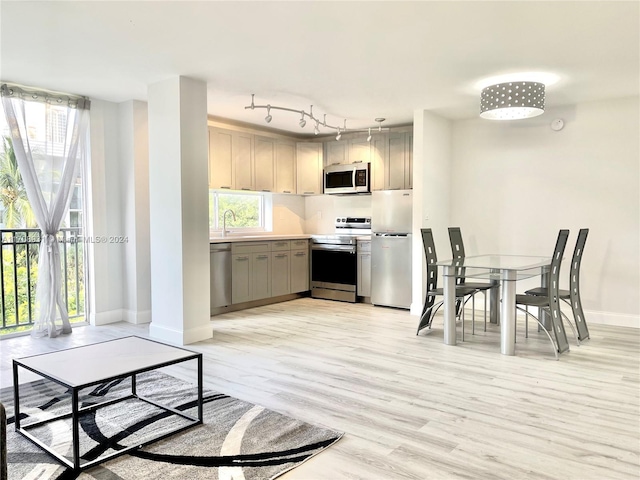 kitchen with gray cabinetry, sink, rail lighting, stainless steel appliances, and light hardwood / wood-style floors