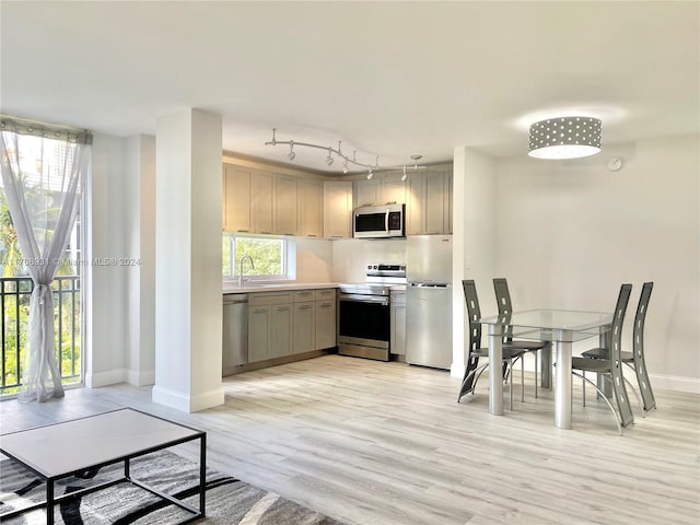 kitchen featuring gray cabinetry, sink, rail lighting, light hardwood / wood-style floors, and stainless steel appliances