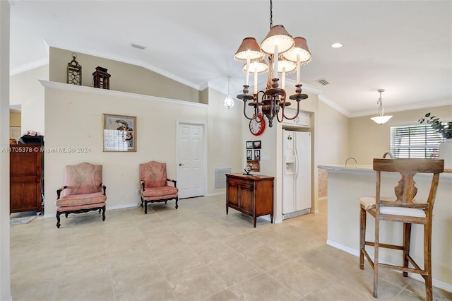 living area featuring light tile patterned floors, vaulted ceiling, an inviting chandelier, and crown molding