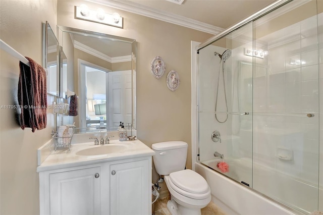 full bathroom with toilet, combined bath / shower with glass door, ornamental molding, and vanity