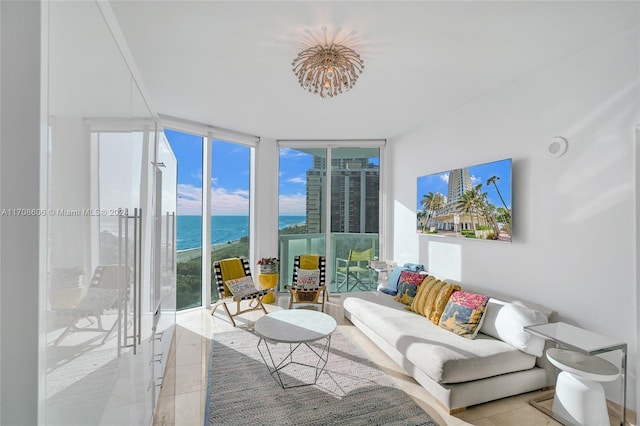 tiled living room with expansive windows