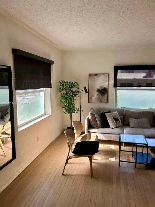 living room with wood-type flooring, a textured ceiling, and a wealth of natural light